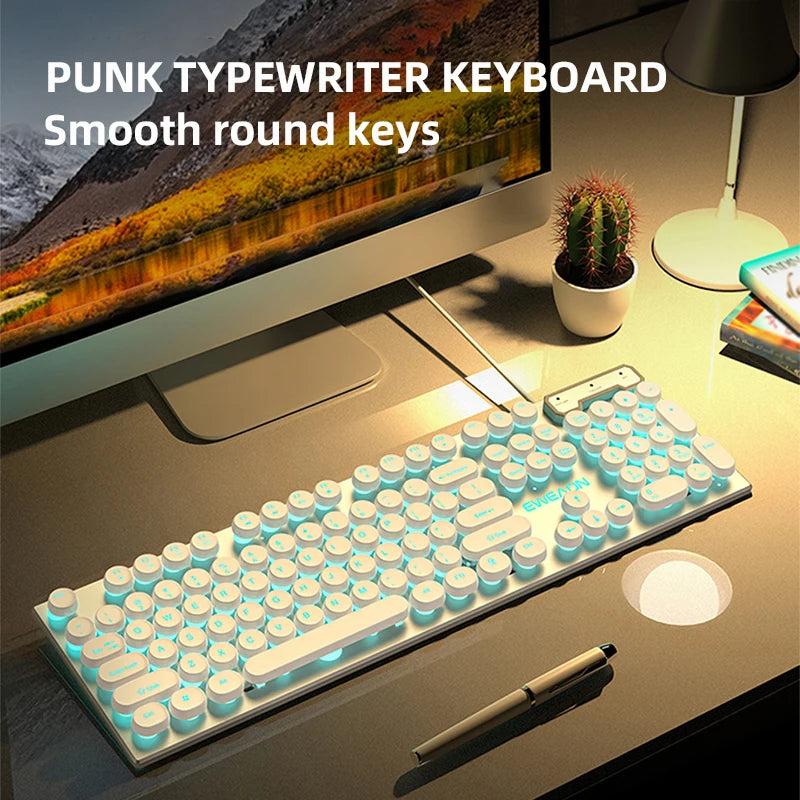 EWEADN GX330 Typewriter Gaming Keyboard,104Keys Wired Round Keycaps with Blue Backlit USB Wired Computer External Keyboards