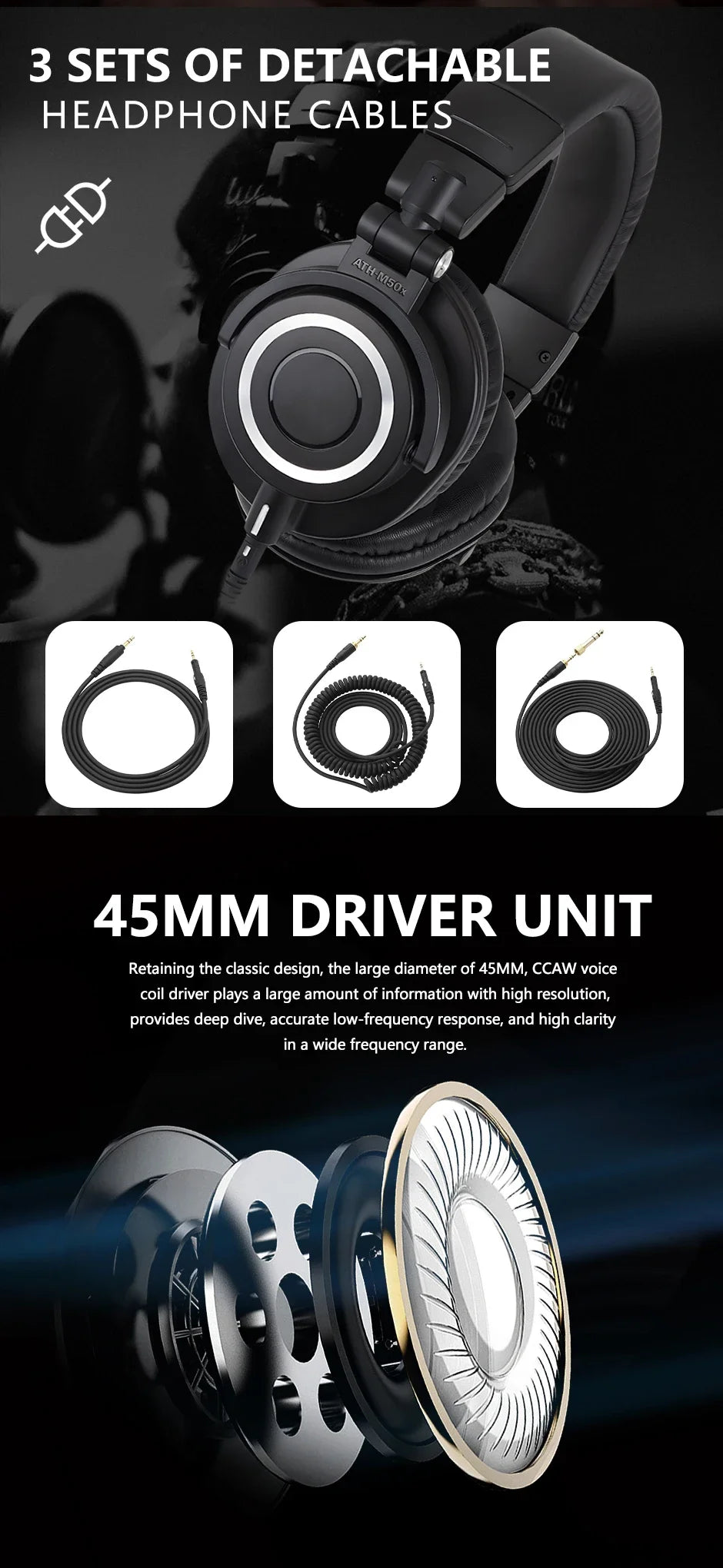 ATH-M50X Closed-Back Studio Monitor Headphones with 45mm Drivers and High-Fidelity Audio for Recording and Mixing Earphone