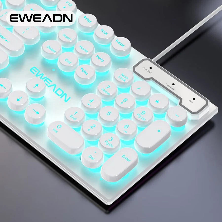 EWEADN GX330 Typewriter Gaming Keyboard,104Keys Wired Round Keycaps with Blue Backlit USB Wired Computer External Keyboards